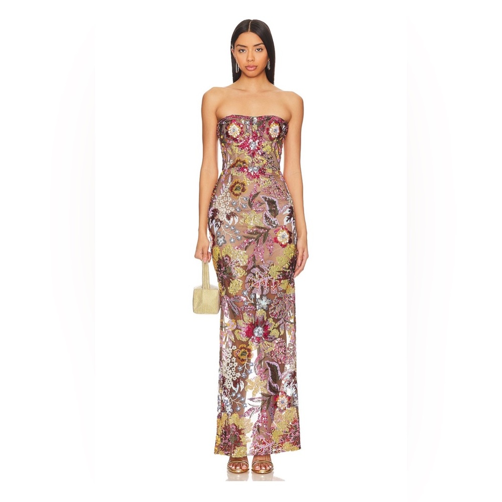 Bronx and Banco Strapless Sequin Floral Column Gown in Gold and Pink